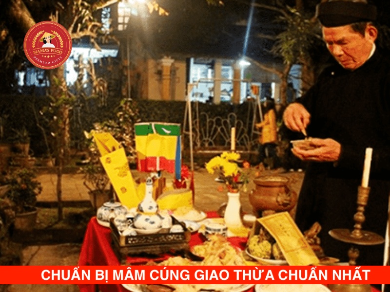 chuẩn bị mâm lễ cúng giao thừa ngoài trời